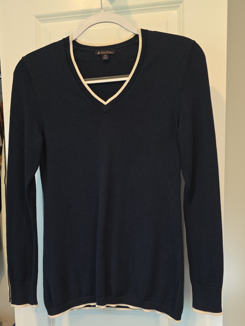 Brooks Brothers Navy V-Neck Sweater with Ivory Trim